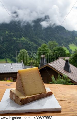 Cheese Collection, French Cow Cheese Comte, Beaufort, Abondance And French Mountains Village In Haut