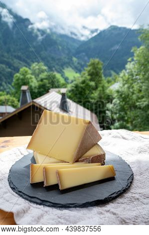 Cheese Collection, French Cow Cheese Comte, Beaufort, Abondance And French Mountains Village In Haut