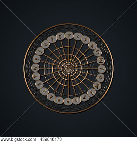 Set Of Old Norse Runes Circles. Gold Runic Wheel Alphabet, Futhark. Ancient Occult Viking Characters