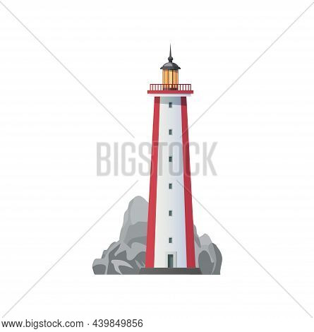 Sea Lighthouse Vector Icon, Coast Searchlight Beacon Tower. Lighthouse Beacon On Cliff Rock For Ship