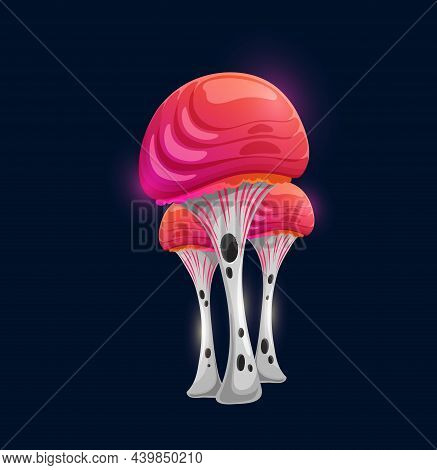 Fantasy Magic Lean Red Mushroom, Vector Alien Fungus, Cartoon Beautiful Glowing Plant Of Unusual Sha
