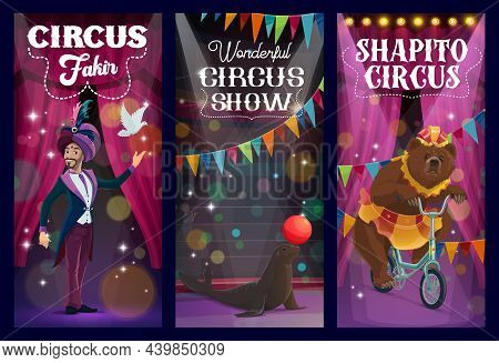Shapito Circus Magician, Trained Bear And Seal Vector Banners. Cartoon Carnival Show Performers Of A