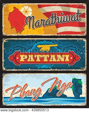 Narathiwat, Pattani And Phang Nga Thailand Provinces Vintage Plates. Thailand Provinces Grunge Trave