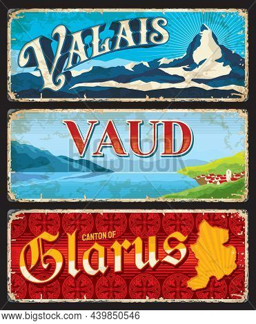 Valais, Vaud And Glarus Swiss Cantons Plates. Vector Vintage Banners With Switzerland Travel Tourist