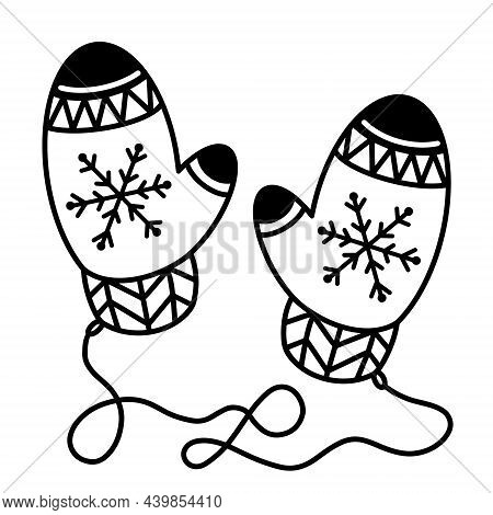 Mittens Vector Icon. Hand Drawn Doodle. Two Mittens On A Thread. Knitted Accessories With A Snowflak