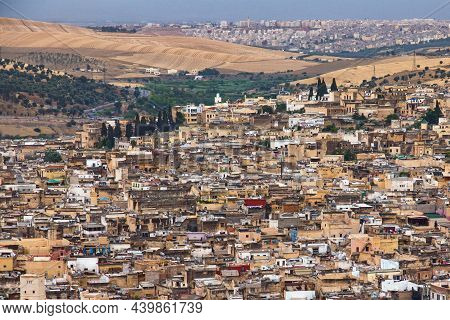 Aerial View Of The Fez El Bali Medina. Is The Oldest Walled Part Of Fez, Morocco. Fes El Bali Was Fo