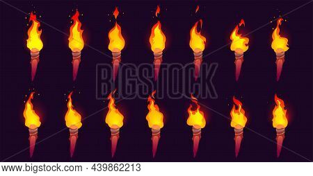 Burning Fire On Old Wooden Torch Isolated On Black Background. Vector Cartoon Animation Sprite Sheet