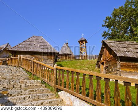 Traditional village Drvengrad Mecavnik in Serbia - architecture travel background