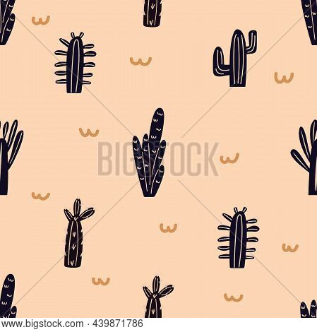 Seamless Pattern Of Blue Cactus. Desert, Plant, Botanica, Flower, Isolated Beige Background.