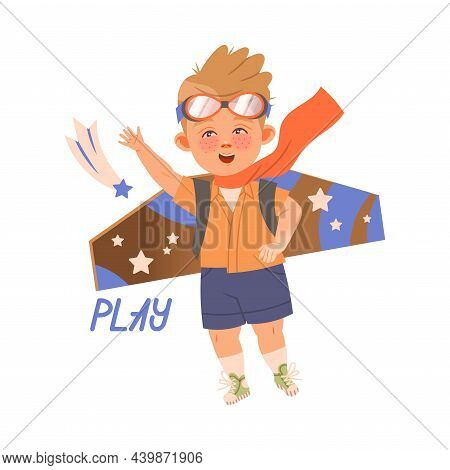 Cute Little Boy Pilot Playing With Paper Wings. Play Verb Expressing Action Cartoon Vector Illustrat