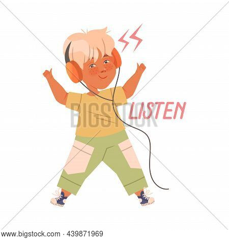 Cute Little Boy In Headphones Listening To Music. Listen Verb Expressing Action Cartoon Vector Illus