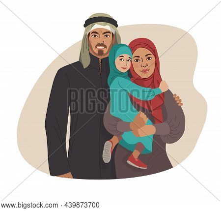 Family Portrait. Middle Eastern Muslim People. Arab Mother, Father And Little Daughter. National Clo