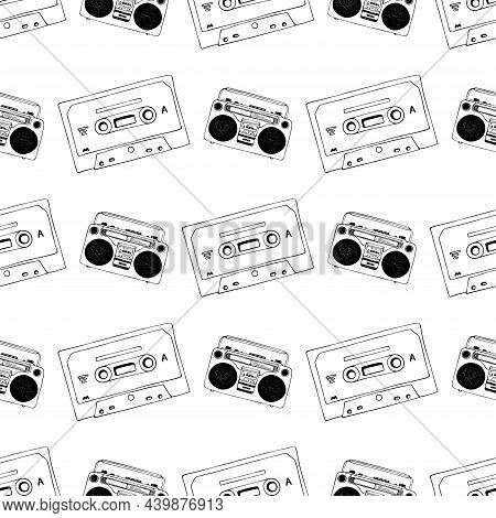 Hand Drawn Cassette, Mixtape And Vintage Retro Record Player Seamless Pattern, Black And White Carto
