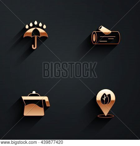 Set Umbrella And Rain Drops, Wooden Log, Teapot And Location With Leaf Icon With Long Shadow. Vector