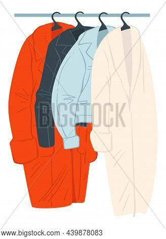 Fashionable Clothes On Rack, Shop With Coats Top