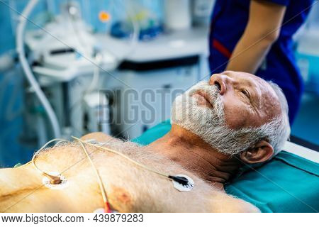 Ecg Electrodes On Mature Male Patient In Hospital Before Surgery. Healthcare And Medicine Concept