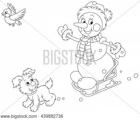 Happy Little Snowman And A Merry Small Puppy Cheerfully Sledding Down A Snow Hill On A Playground, B
