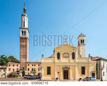 Thiene,italy - September 12,2021 - View At The Rosary Church With Bell Tower In Thiene. Thiene Is A 