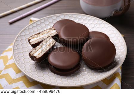 Tasty Choco Pies On Wooden Table. Snack Cakes