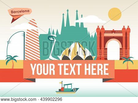 Barcelona Famous Buildings Cityscape And Tourism Vector Flat Illustration