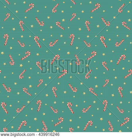 Vector Seamless Pattern With Christmas Candy Canes And Golden Stars At Blue Background