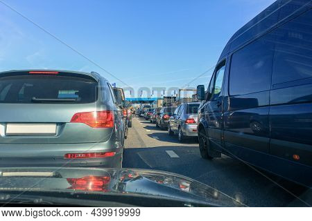 Traffic Jam On The Expressway. Traffic Jam On The Toll Road. The Queue Of Cars In Front Of The Toll 