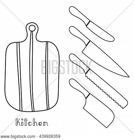 Kitchen Tools Wood Trencher And Set Of Four Kitchen Knives For Butter, Bread, Carving Knife And Clea