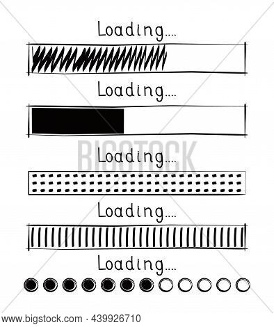 Loading Progress Bar Vector Style In Doodle Style. Updated Progress Circle Bar Icons. Slow Loader Bu
