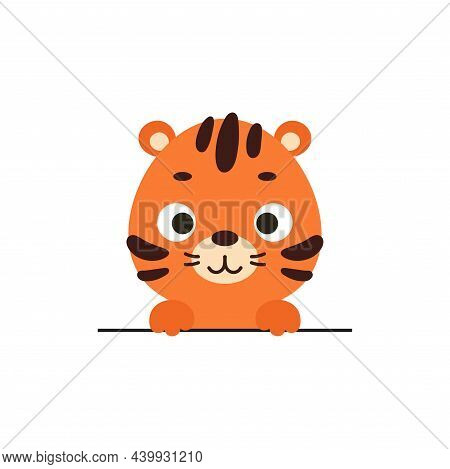 Cute Little Tiger On White Background. Cartoon Animal Character For Kids Cards, Baby Shower, Invitat