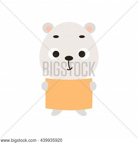 Cute Little Polar Bear Keep Paper Sheet On White Background. Cartoon Animal Character For Kids Cards