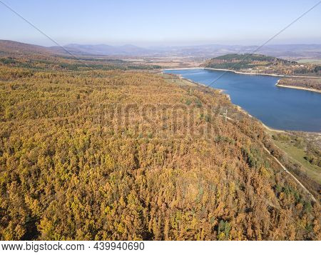 Aerial Autumn View Of Izvor Reservoir At Konyavska Mountain, Pernik Region, Bulgaria
