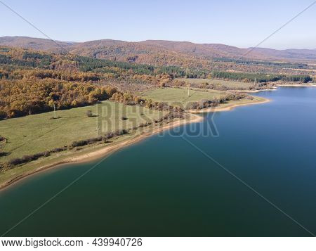 Aerial Autumn View Of Izvor Reservoir At Konyavska Mountain, Pernik Region, Bulgaria