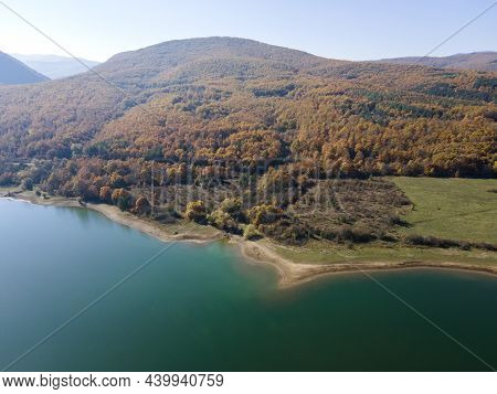 Aerial Autumn View Of Izvor Reservoir At Konyavska Mountain, Pernik Region, Bulgaria