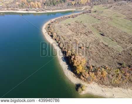 Aerial Autumn View Of Izvor Reservoir At Konyavska Mountain, Pernik Region, Bulgaria