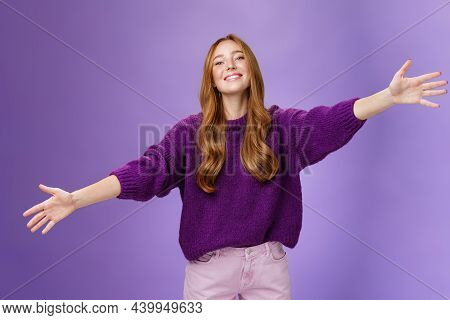 Come Into My Arms, Girl Wants Give Warm Hug. Portrait Of Friendly And Cute Charming Redhead Woman St