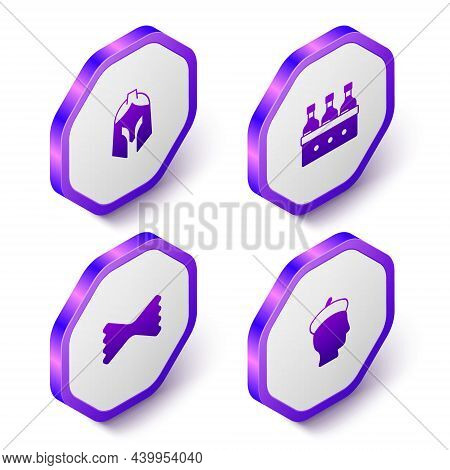 Set Isometric Roman Army Helmet, Bottles Of Wine, Macaroni And French Icon. Purple Hexagon Button. V
