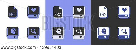 Set Book About Women, Fb2 File, Law Book And Romance Icon. Vector