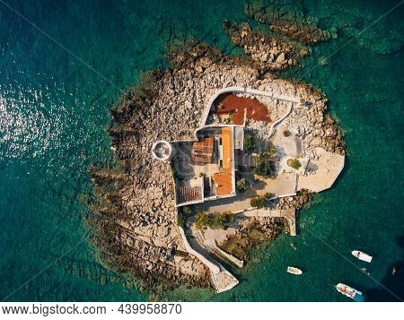 Otocic Goshpa Island Near Arza Fort. Montenegro. Drone