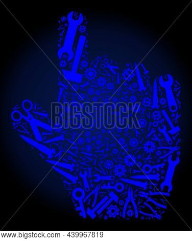 Repair Workshop Pointer Finger Composition Of Tools On A Dark Blue Gradient Background. Vector Point