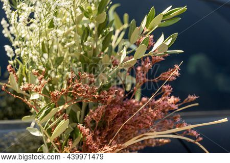Detail Of A Bouquet With White Gypsophila Paniculata Flower And Pink Limonium Californicum With Sele