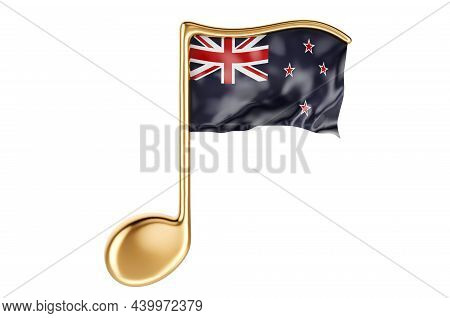 Musical Note With New Zealand Flag. Music In New Zealand, Concept. 3d Rendering Isolated On White Ba