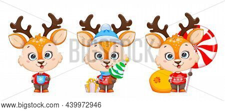 Cute Baby Deer. Cheerful Little Reindeer Cartoon Character, Set Of Three Poses. Merry Christmas And 