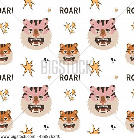 Cute Roaring Tigers Seamless Vector Pattern Design