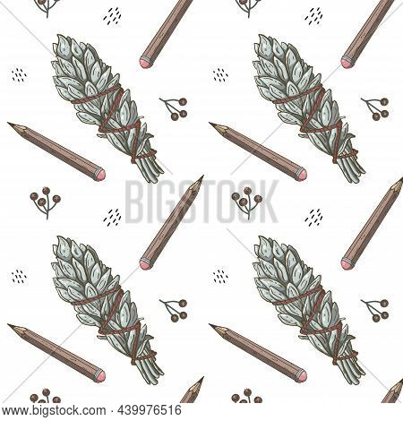 Boho Seamless Pattern With Smudge Stick And Pencil