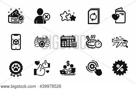 Vector Set Of Discount, Search Flight And Dog Competition Icons Simple Set. Stars, Cogwheel Settings