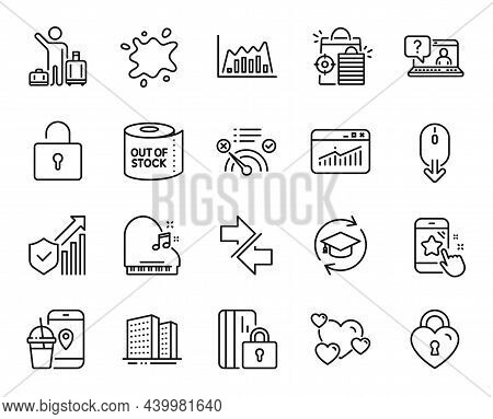 Vector Set Of Seo Shopping, Blocked Card And Airport Transfer Line Icons Set. Love Lock, Star Rating