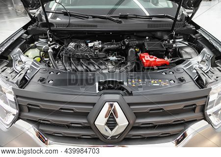 Novosibirsk, Russia - July 22, 2021: Renault Duster, Under The Hood Of Car. Powerful Engine Closeup.