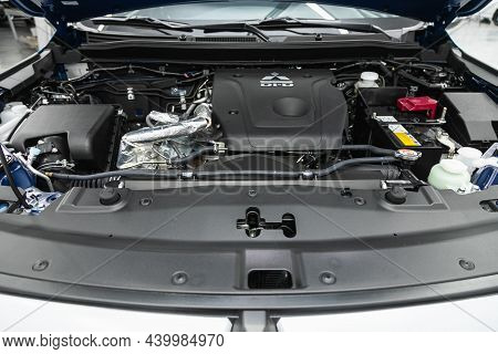 Novosibirsk, Russia - October  24, 2021: Mitsubishi L200, Under The Hood Of Car. Powerful Engine Clo