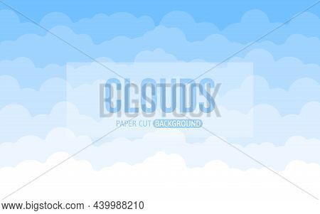 Cloud Blue Sky Banner Flat Style. Cartoon Volumetric Splash Wallpaper Postcard. Sunny Clear Day Info