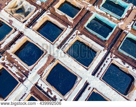 Fish Farm For Breeding Cages For Sturgeon Fry. Concept Aquaculture Pisciculture, Aerial Top View